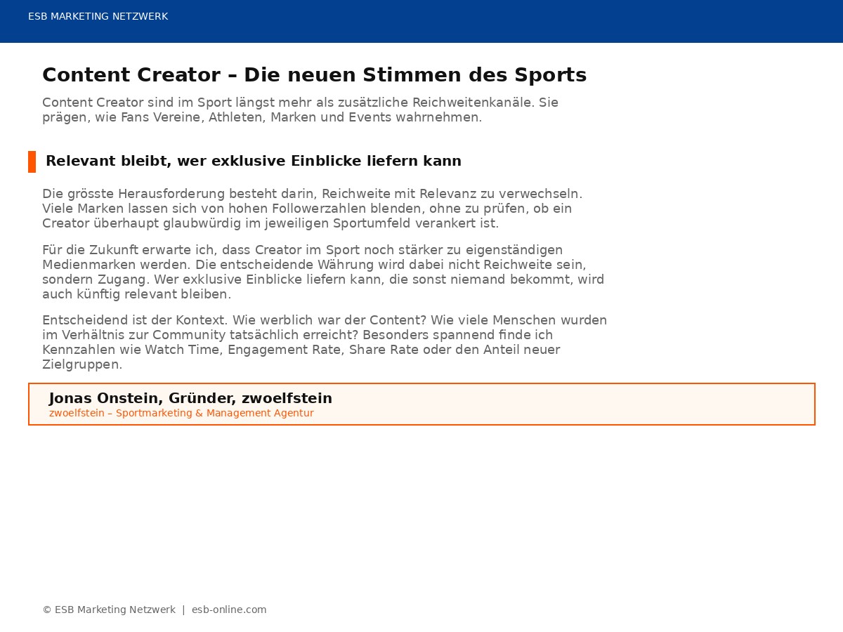 Jonas Onstein über Creator Marketing im Sport. ESB Artikel